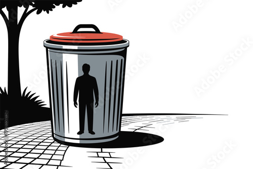 Man Silhouette in a Trash Can Illustration, waste concept with copy space