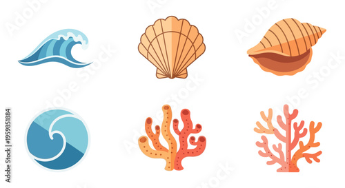Sea Shells and Coral Reef Icons.