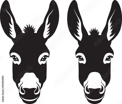 Two stylized donkey heads in silhouette, representing stubbornness, farm animals, or rural life, vector graphic, Animal Face