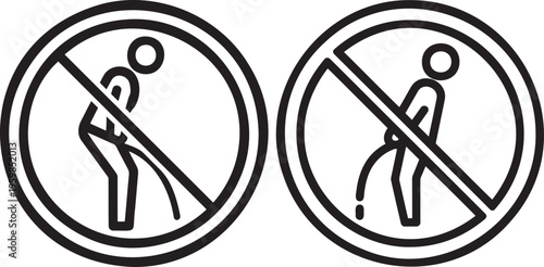 Warning Signs Illustrating Prohibition of Urination in Public, Symbolizing Hygiene and Respect for Public Spaces, in Black and White, No Urinating