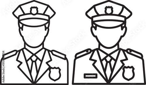 Police Officers Icons, Two Law Enforcement Uniformed Figures, Security Service Personnel Illustration, Authority and Protection Concept, Line Art