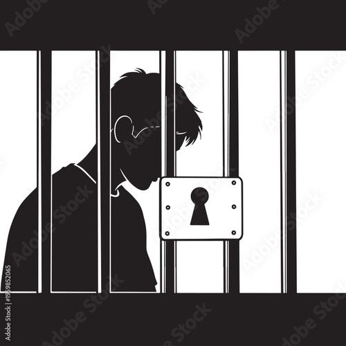Man in Jail Cell Silhouette, Imprisoned Person Behind Bars with Lock, Concept of Crime and Punishment, Justice System Illustration, Black And White
