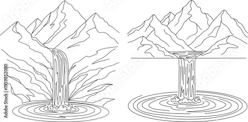 Mountain Waterfall Landscape Drawing, Nature Scenery Line Art Illustration, Flowing Water Cascade with Ripples, Abstract Outdoor Graphic, Mountain Range