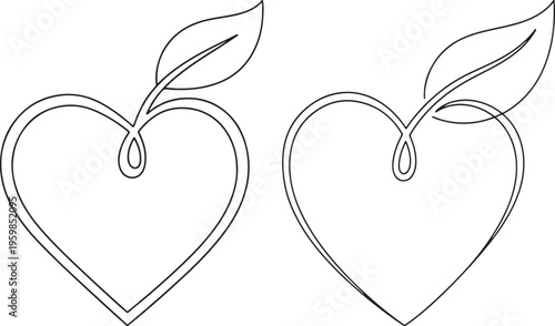 Minimalist Outline Drawing of Two Hearts with a Sprout and Leaf, Symbolizing Love, Health, Growth, and Sustainable Eco-Friendly Concepts, Line Art