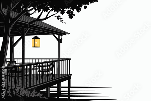 Cozy outdoor gazebo with glowing lantern and seating, outdoor living concept with copy space