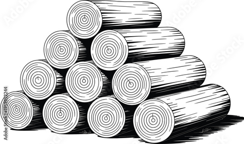 Stacked timber logs illustration with detailed wood grain texture rustic forestry and lumber industry concept