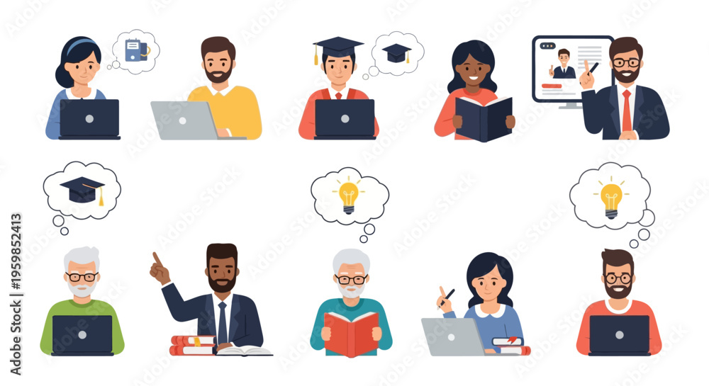 Fototapeta premium Diverse E-learning Students and Teachers Set. Online Education Concept with People Using Laptops, Reading, Mentorship, and Remote Training Illustration.