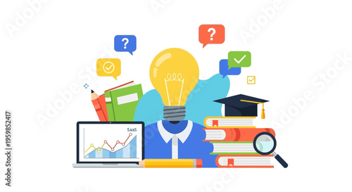 Knowledge and Idea Generation Concept. E-Learning, Research, and Business Innovation with Lightbulb, Books, Laptop SaaS Chart, and Graduation Cap.