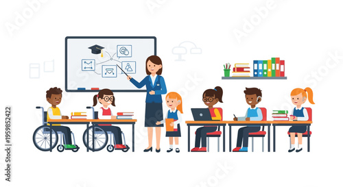 Inclusive Education: Diverse Students and Teacher in Modern Classroom, Promoting Accessibility and Special Needs Learning.