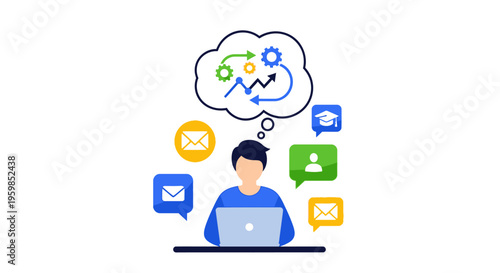 Digital Workflow and Strategic Management Concept. Businessman working on laptop, planning optimization, email communication, and education tasks.