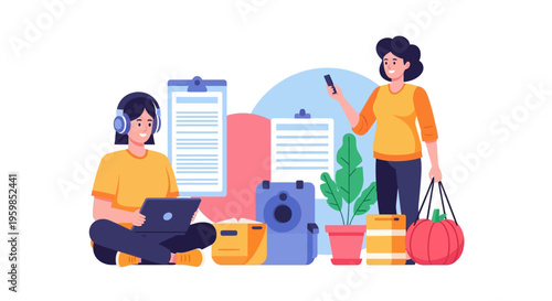 Creative Remote Work and E-commerce Lifestyle. Two Women Freelancing on Laptop, Listening with Headphones, and Shopping. Flat Vector Illustration.