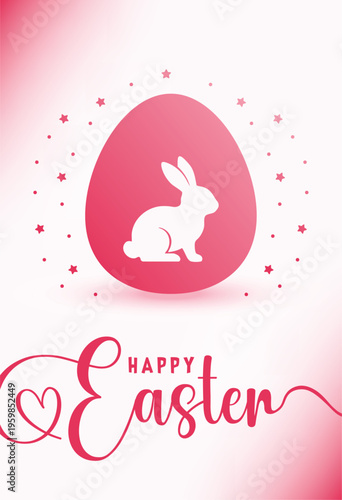 Happy Easter Vertical Greeting Card with Pink Egg and Rabbit