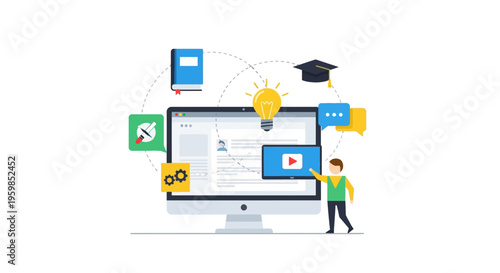 E-learning and Online Education Platform System. Digital Knowledge Transfer, Distance Learning, Video Course Content, and Interactive Tutoring Concept Illustration.
