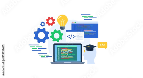 Programming and Software Development Education Concept. Digital Learning, Coding School, Engineering Process, Innovation, and Web Development Flat Design.