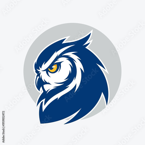 Majestic blue owl head with piercing yellow eyes, a symbol of wisdom and nocturnal grace.
