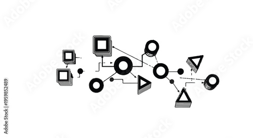 A complex network diagram shows interconnected geometric shapes including circles, squares, and triangles linked by abstract lines.