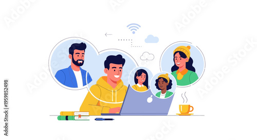 Virtual Video Conference Call: Diverse Group Meeting Online for Remote Work, E-Learning, or Team Collaboration via Laptop.