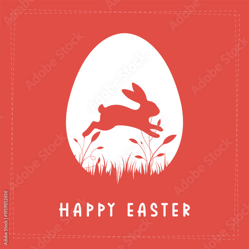 Happy Easter Card with Jumping Rabbit in Egg Silhouette