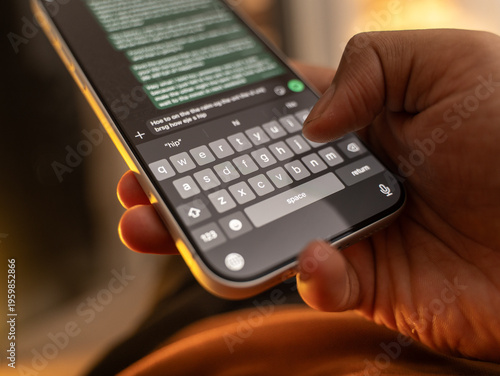 Man hands chatting and typing on smartphone macro closeup. Unrecognizable human typing text message tapping touchscreen keyboard using whatsapp application a social media