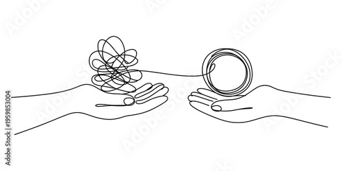 A conceptual line art illustration showing a tangled mess being transformed into a neat circle Vector, illustration