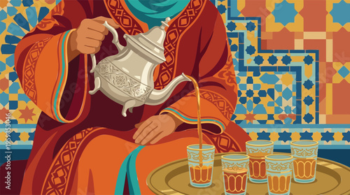 Elegant moment of traditional tea pouring, celebrating a rich cultural heritage with exquisite patterns and warm hospitality