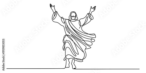 A continuous line drawing of jesus christ with arms raised in a gesture of praise and celebration Vector, illustration