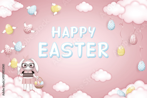 Happy Easter card, dressed Bunny girl in glasses holds a basket of Easter eggs on pink background with winged easter eggs and clouds, free space in the middle of illustration