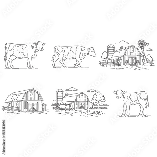 Six farm scenes with cows barns and silos in line style calf