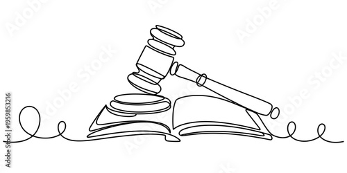 Continuous single line drawing of a wooden judge gavel resting on an open law book for justice Vector, illustration