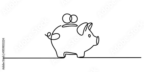A minimalist single line drawing of a cute piggy bank with a coin being inserted into the slot Vector, illustration