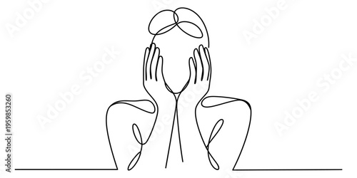A minimalist single line drawing of a person holding their face in an expression of deep emotion Vector, illustration