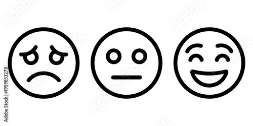 A horizontal sequence of three simple black and white line art emoji icons showing mood variations Vector, illustration