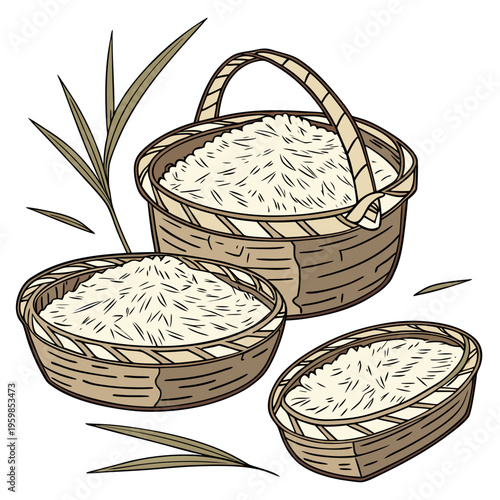 Woven baskets filled with rice and grains food agriculture