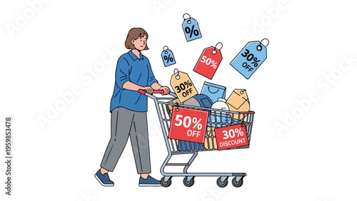A woman pushing a shopping cart filled with discount tags and products on a white background with a promotional and retail mood.
