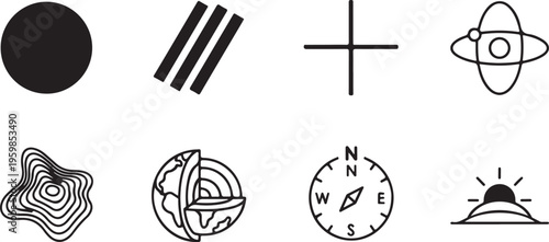 A set of black minimalist icons representing geography, geology, and physical science, featuring a compass, a cutaway of the Earth's layers, a topographic map, an atom model, and a sunrise.