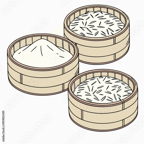 Wooden steamer baskets with rice and grains wooden baskets