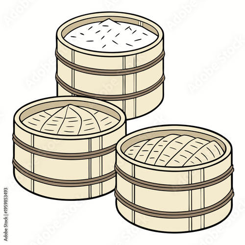 Wooden steamer baskets with different types of food