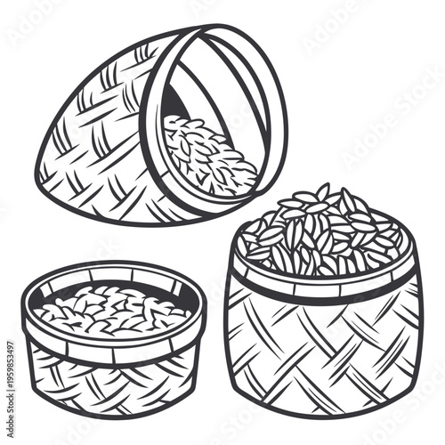 Woven baskets filled with rice grains food storage