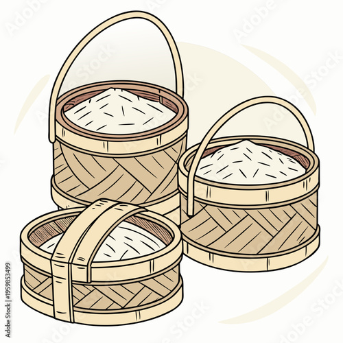 Woven baskets filled with rice grains food storage