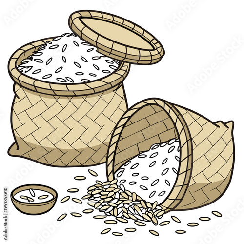 Two woven baskets with rice grains spilling out brown