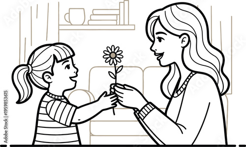Young happy child giving a beautiful single daisy flower to her smiling loving mother as a heartfelt gift in a tender moment showing affection, appreciation, and unconditional family love.