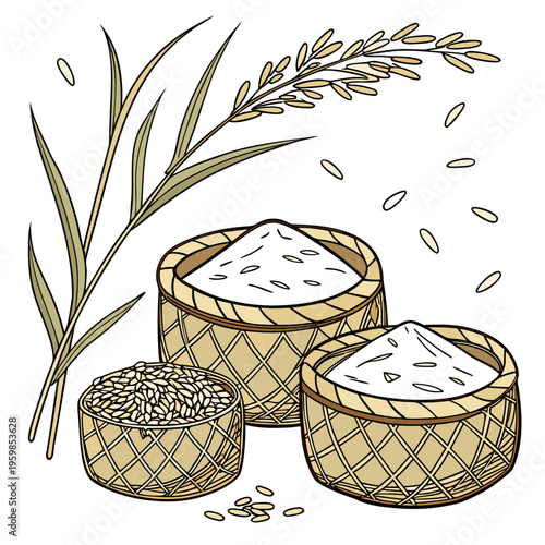Woven baskets with rice and grains food cooking