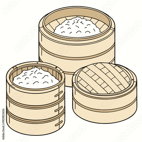 Two bamboo steamers with dumplings and one open dim sum