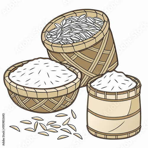 Woven baskets with rice and grains food cooking