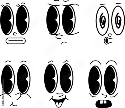 A set of cartoon eyes with various emotions and expressions in black and white