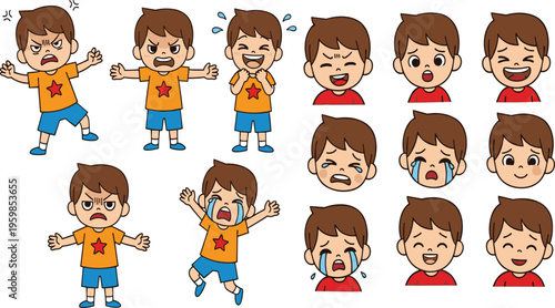 Cartoon Boy Character Expression and Pose Set with Various Emotions Including Angry, Crying, Happy, and Sad for Kids Avatar Vector Illustration Design.
