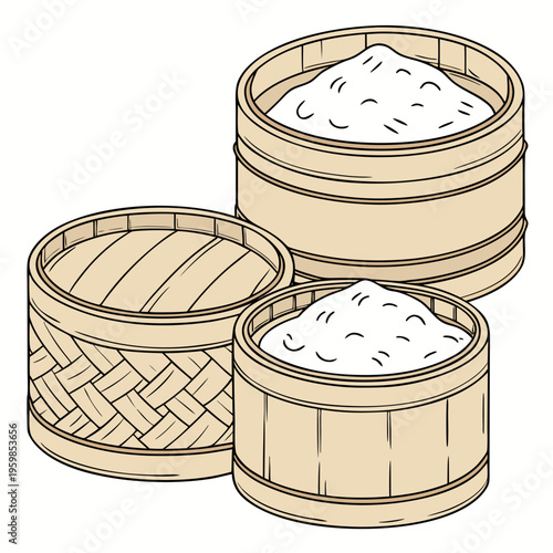 Two bamboo steamers with dumplings and one lid dim sum