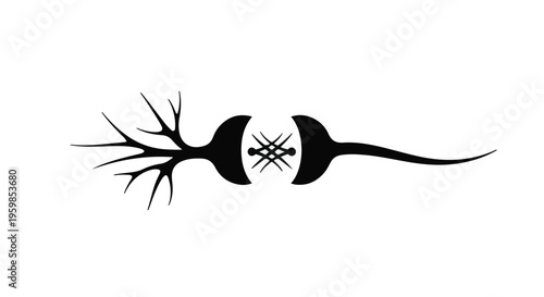 Abstract black graphic element depicts a stylized neuron structure bisected with crossed lines in the center.