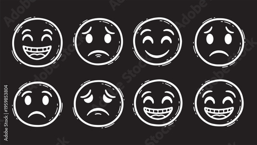 Set of fifteen hand drawn doodle emoji icons with various facial expressions isolated on white background, concept for corporate employee feedback, office communication and business