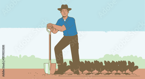 Smiling male farmer takes a well-deserved break, leaning on his shovel after diligently cultivating fresh, organic vegetables in his thriving garden, embodying modern sustainable agriculture.